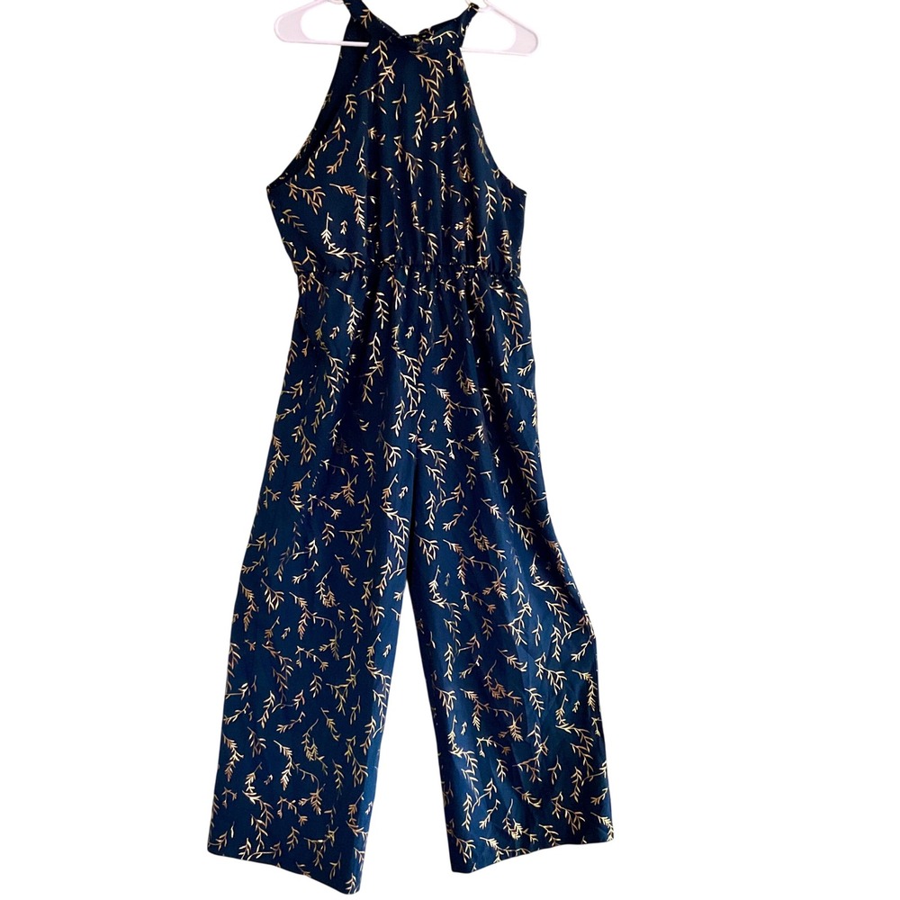 Navy Gold Foil Leaf Halter Neck Wide Leg Jumpsuit XL Sleeveless Tie Back Holiday